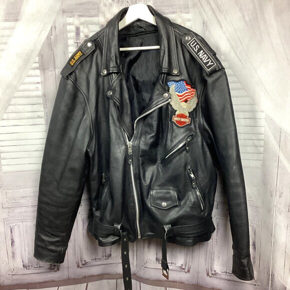 Vintage Black Leather Heavyweight Biker Jacket Harley Military Patches 50
